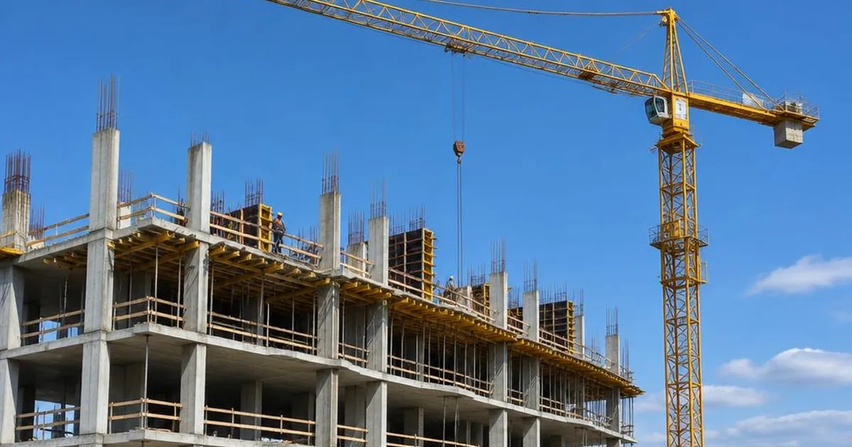 Byggprojekt med betongstomme och byggkran